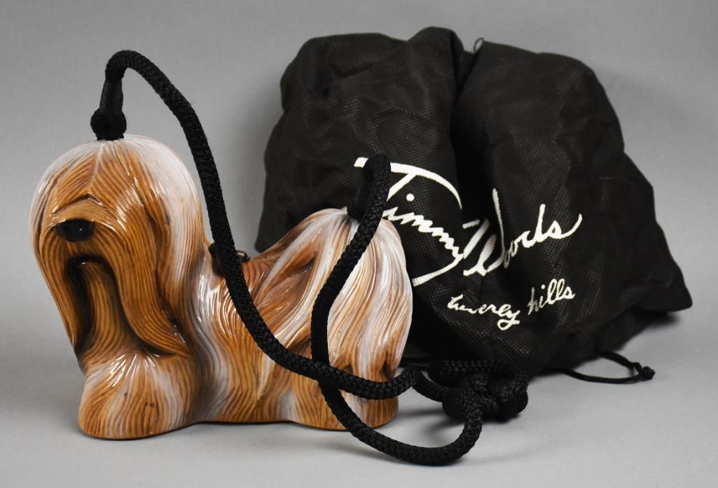 Timmy Woods Lhasa Lapso Purse, Original Dust Bag: Precious Lhasa Lapso purse from Timmy Woods of Beverly Hills. It is carved acacia wood and painted in brown with white. Retains the original label inside on original satin lining, rope style strap. Co