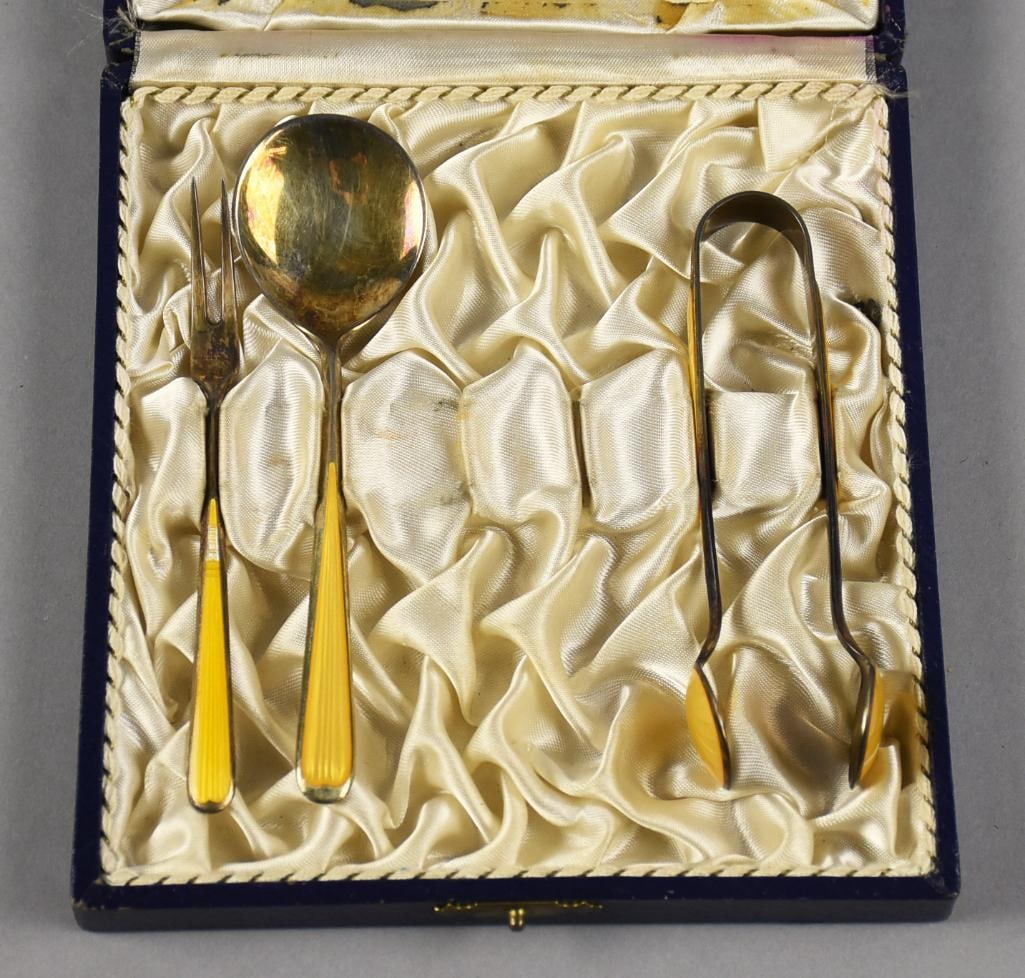 Vintage NM Thune Sterling Guilloche Tea Set Original Box: This is a very cool vintage set from Norway. It is from NM Thune?and is sterling silver. Bright yellow guilloche with the set including tongs, lemon fork and what appears to be a compote spoon. Comes