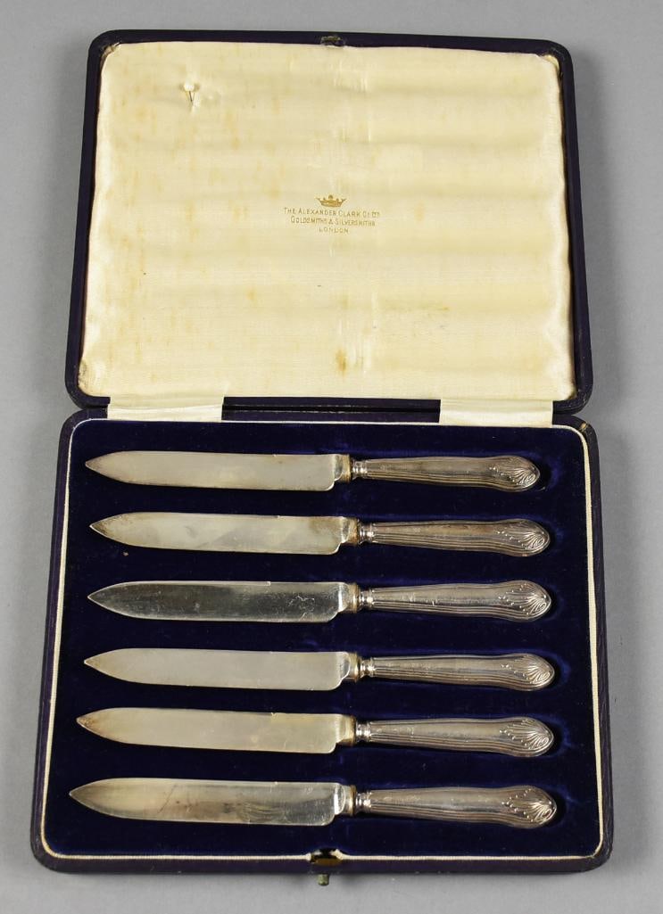 1899 John Biggin Sheffield Sterling Knives, Original Box: Beautiful set of sterling knives from Sheffield silversmith John Biggin. Knives appear to be solid sterling down to the blades, each is hallmarked for Sheffield and the date code of 1899. They come