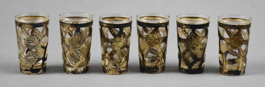 Mexico Sterling Overlay Shot Glasses, Original Box Vintage: These very cool pieces are shot glasses. Glasses are clear with sterling silver overlay. Sterling appears to be hand etched flowers. The overlay is stamped Hecho en Mexico 925 and they come in what ap