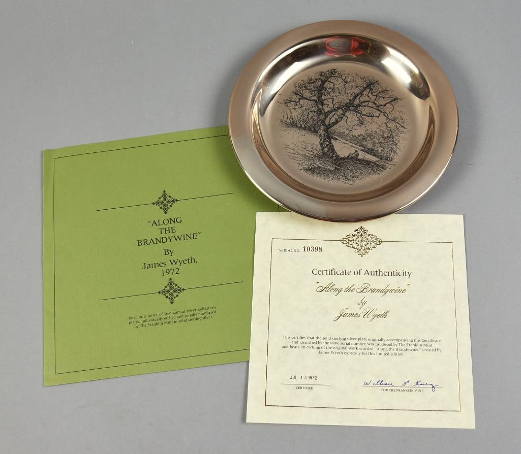 Franklin Mint Solid Sterling Along the Brandywine Plate: Very cool 1972 sterling silver plate from the Franklin Mint. Plate is a commemoration to James Wyeth's Along the Brandywine. Beautifully etched with a man fishing beside a very large tree. It is a lim