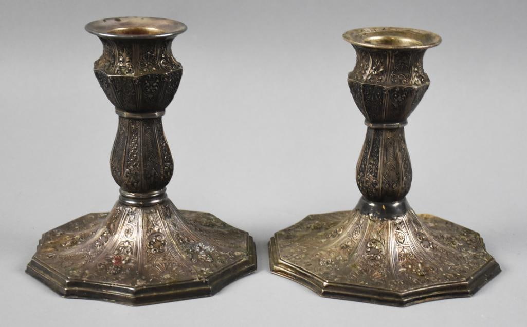 Antique Barbour Silver Plate Candlestick Holders: This is a gorgeous pair of antique candlestick holders from Barbour Silver Plate Co, a division of International Silver. Low relief design throughout of cupid faces, flowers, shell and scroll