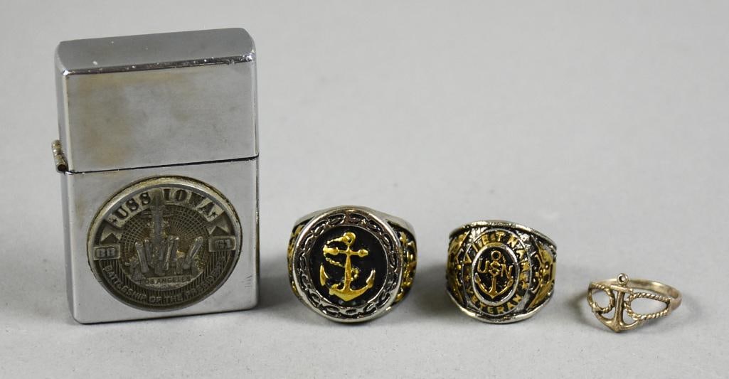 Vintage US Military Lighter and Rings, One Sterling: Interesting assorted United States military items that include a USS Iowa and three different US Navy rings, with one being sterling silver.