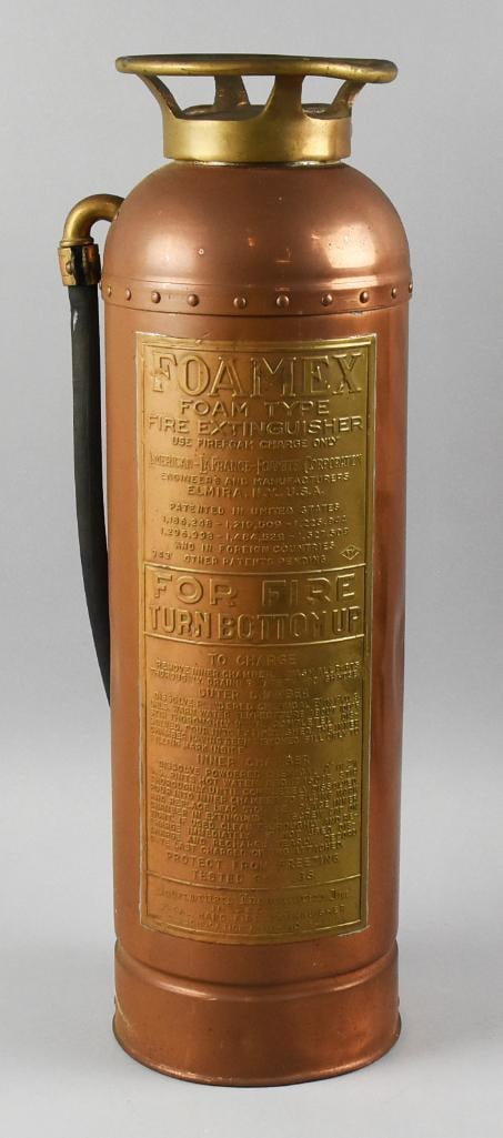 c1920 Foamex Copper & Brass Fire Extinguisher: This wonderful piece is a Foamex Fire Extinguisher for the American-LaFrance-Foamite?Corporation. The first patent number is for the fire extinguisher itself, filed 1915, the following numbers are