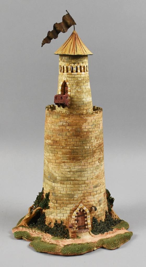 Glenn David Corning Hand Crafted Clay Lighthouse Sculpture: This is a very cool piece by California artist Glenn David Corning. Hand crafted in the form of a lighthouse. It comes apart in three pieces, appears to be for a candle. Signed on the bottom, stands a
