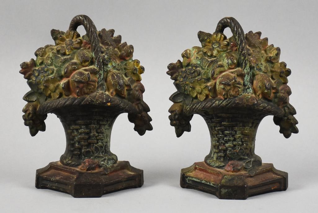 Pair c1925 Hubley Flower Basket Cast Iron Door Stop (1 of 4)