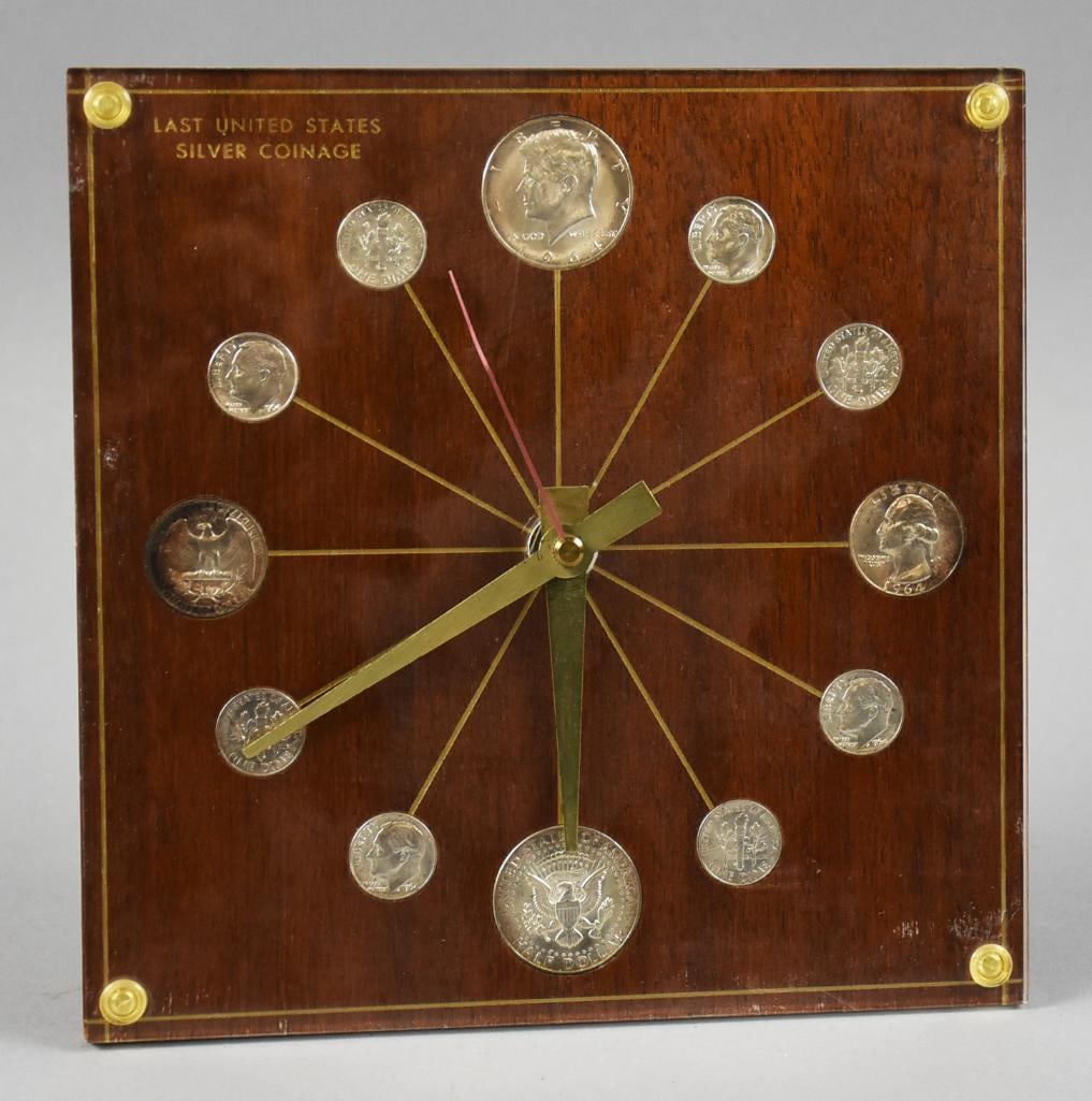 Silver Coin Vintage Numismatic Clock Last US 90% Clock: Very cool vintage clock by Marion Kay (Summers). It is a Numismatic, made in the USA. The clock face is all 1964 silver coins, Kennedy halfs at six and 12, quarters at three and nine and dimes for the
