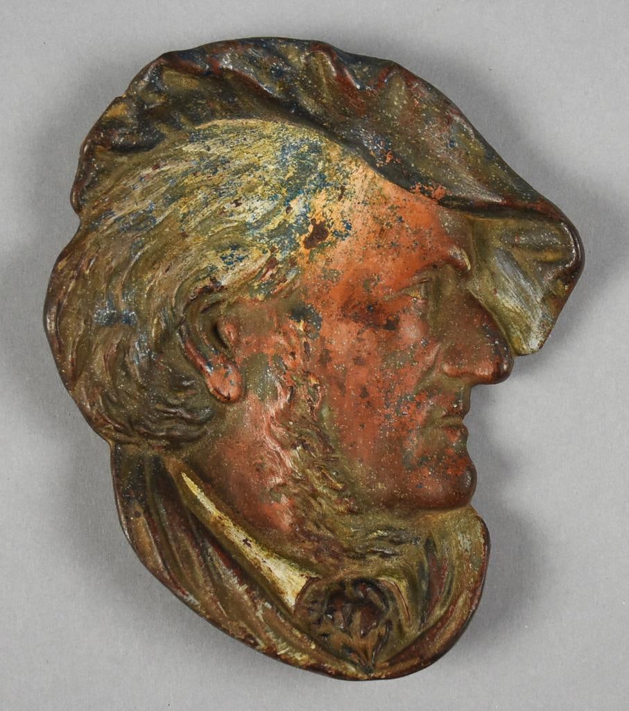 c1865 Bradley & Hubbard Richard Wagner Card Tray: This great piece is from Bradley and Hubbard. It is a card tray in the form of composer Richard Wagner. Appears to be cast iron, painted with polychrome. Marked on back B&H, the pre-1875 mark and meas