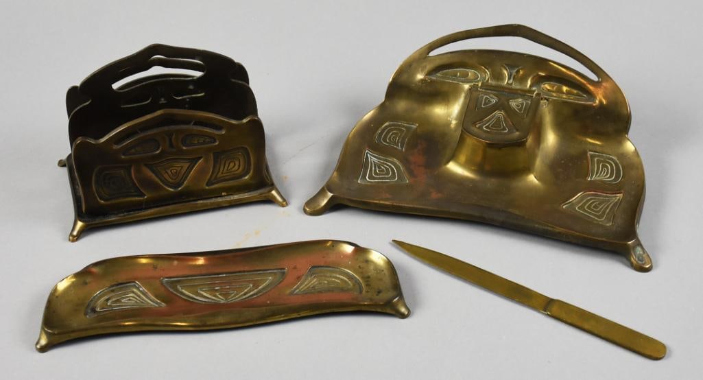 Art Nouveau Bradley & Hubbard Brass Desk Set: Beautiful desk set from Bradley and Hubbard. Set is Art Nouveau and includes an inkwell stand, pen tray, letter holder and letter opener. The letter opener appears to be from another set, but all go w