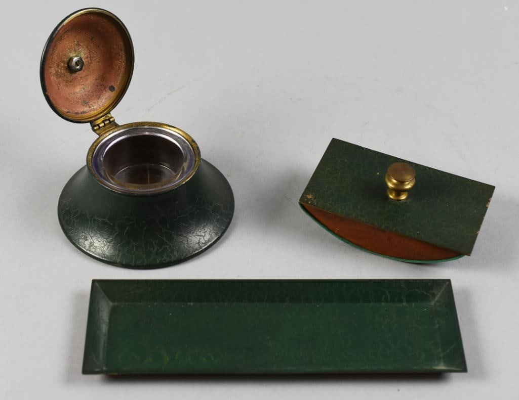 Antique Bradley & Hubbard Brass Desk Set: Terrific desk set from Bradley and Hubbard. Appears brass with an embossed leather look forest green enamel or paint. Set includes an ink blotter, inkwell and pen tray. Pieces are nicely marked.?