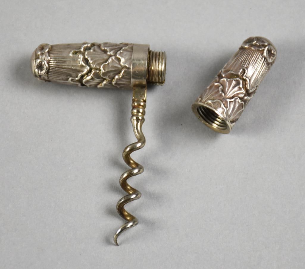 Vintage La Pierre Sterling Silver Roundlet Corkscrew: This beautiful roundlet corkscrew is from La Pierre (now a division of International Silver). This low relief design appears to be shells, marked on one end with L and sterling. Closed, measures appro