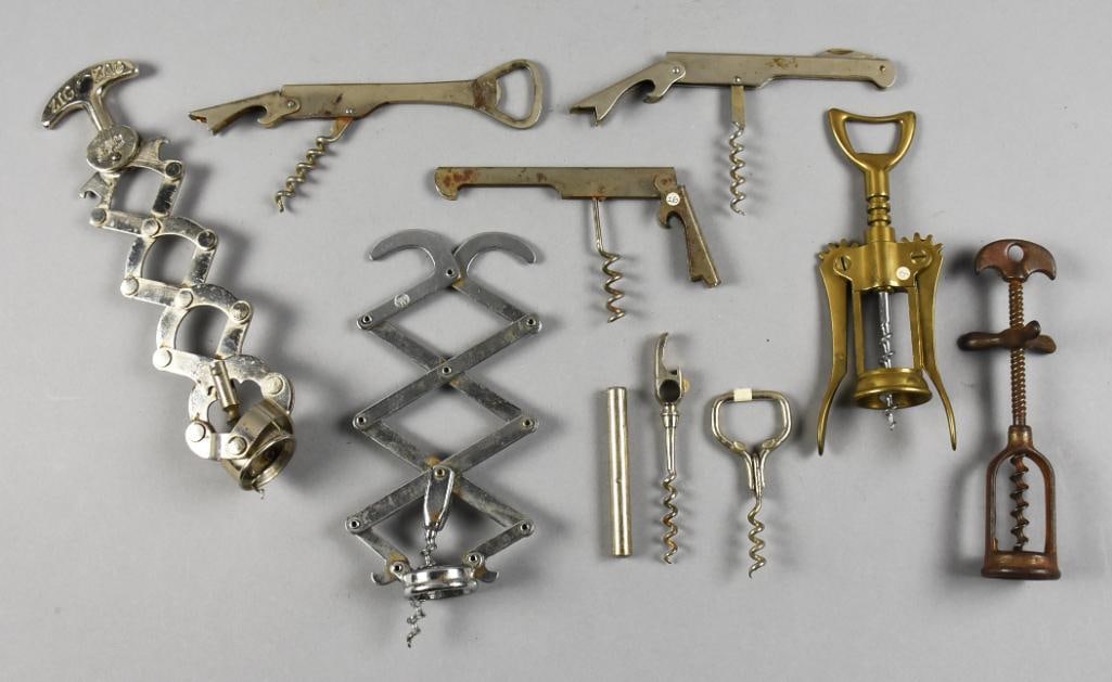 Vintage & Antique Collection Assorted Corkscrews: These cool pieces include bearing assisted, double lever, lazy tong, zig zag and more. They measure approx. 4.5" to 7" long.