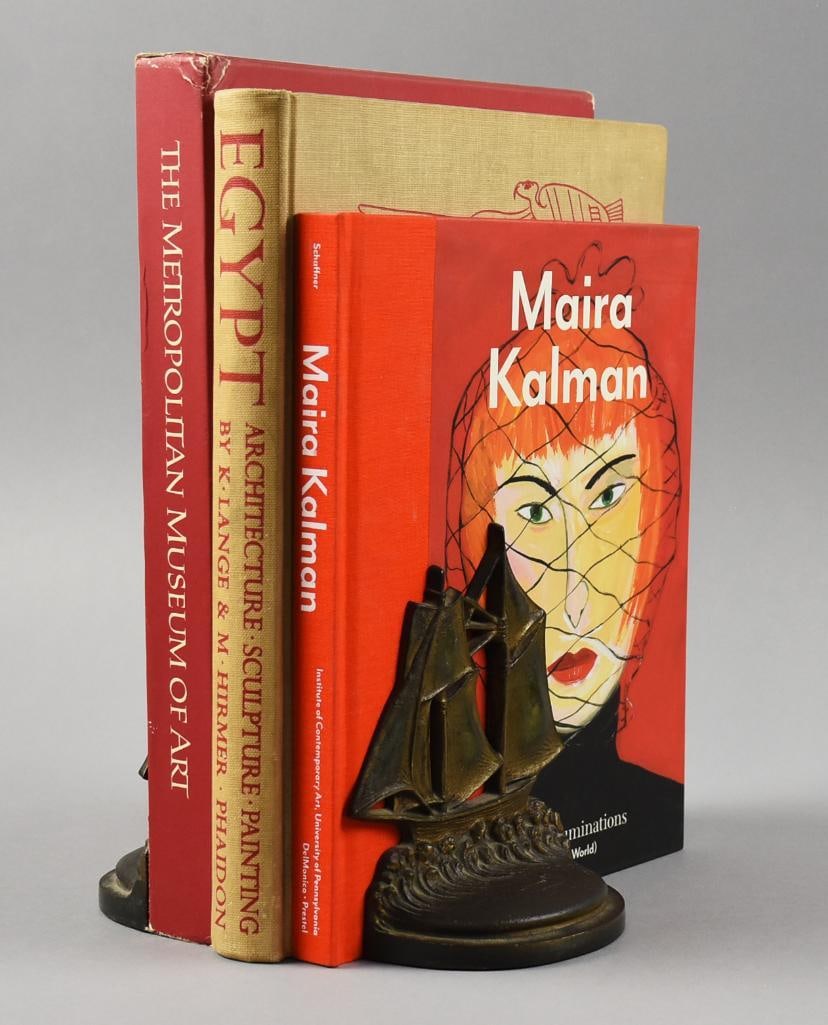 c1865 Bradley & Hubbard Topsail Scooners Bookends: Beautiful antique Bradley and Hubbard bookends. Each is an 1835 Topsail Schooner on rolling waves. They are marked B&H on back. The mark used prior to the 1875 reorganization. Each is approx. 6" tall.