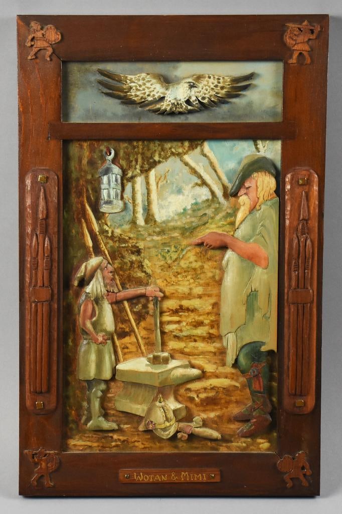 Black Forest Carved Richard Wagner Ring Cycle Hand Carved Wall Art: This is a very cool piece antique piece of Black Forest Carved s hand carved. The people in the art are identified as Wotan and Mimi, characters from the Richard Wagner opera "Ring Cycle". It appears