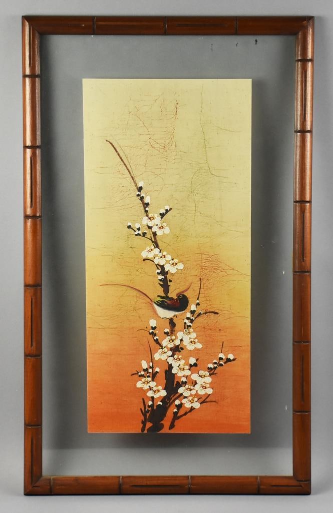 c1970 Peter Chan Batiks Painted Textile, Bamboo Frame: This beautiful piece is from Chinese artist Peter Chan. It is hand painted textile with the subject being Batiks. Appears to be dogwood flower with bird. It is under glass with a stained bamboo frame.