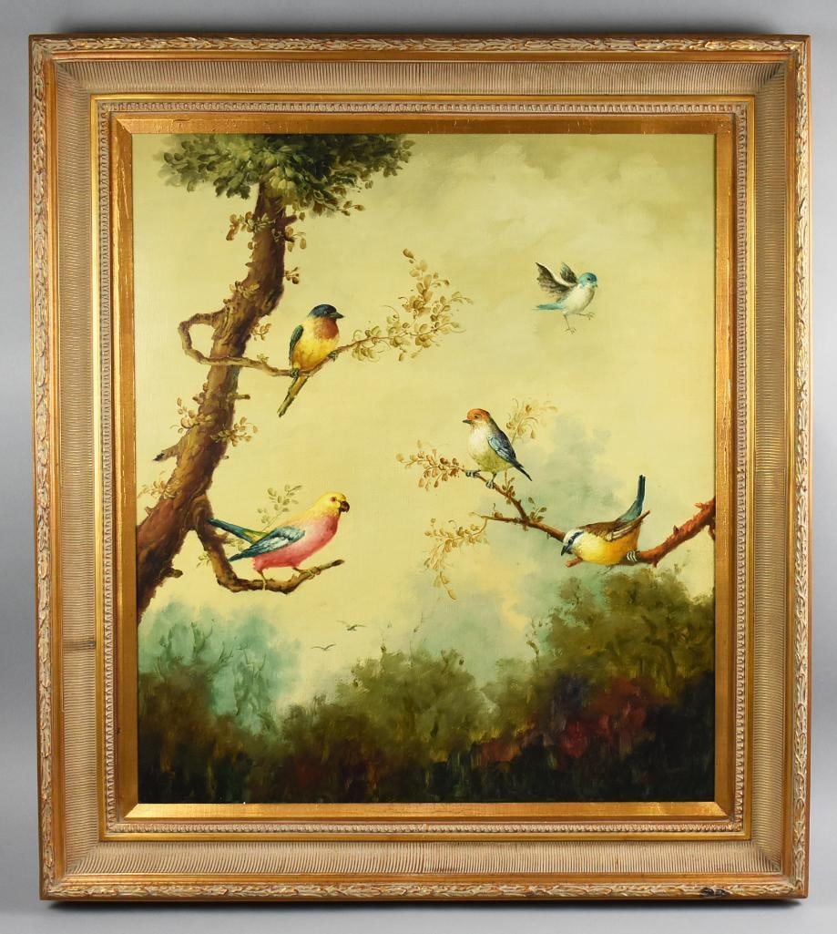 Jeannine Albert (b.1939) Songbirds in the Treetops, Oil on Canvas: Gorgeous oil on canvas from French artist Jeannine Albert (b. 1939). Painting of a variety of colorful birds in trees with landscape in the background. It was painted in 1993 and is called Songbirds i