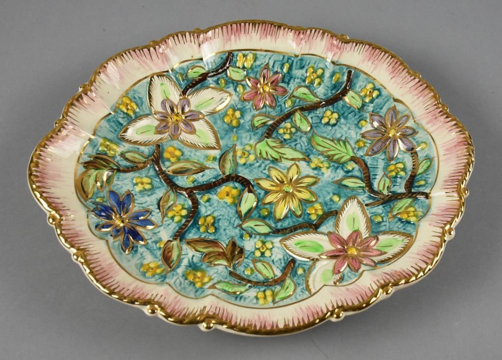 c1960 Hubert Bequet Quaregnon Majolica Platter: This is a beautiful platter from Hubert Bequet, Quarengnon Belgium. It is a majolica hand painted platter with flowers, stems and accent colors of light blue and pink, all trimmed in gold. Well