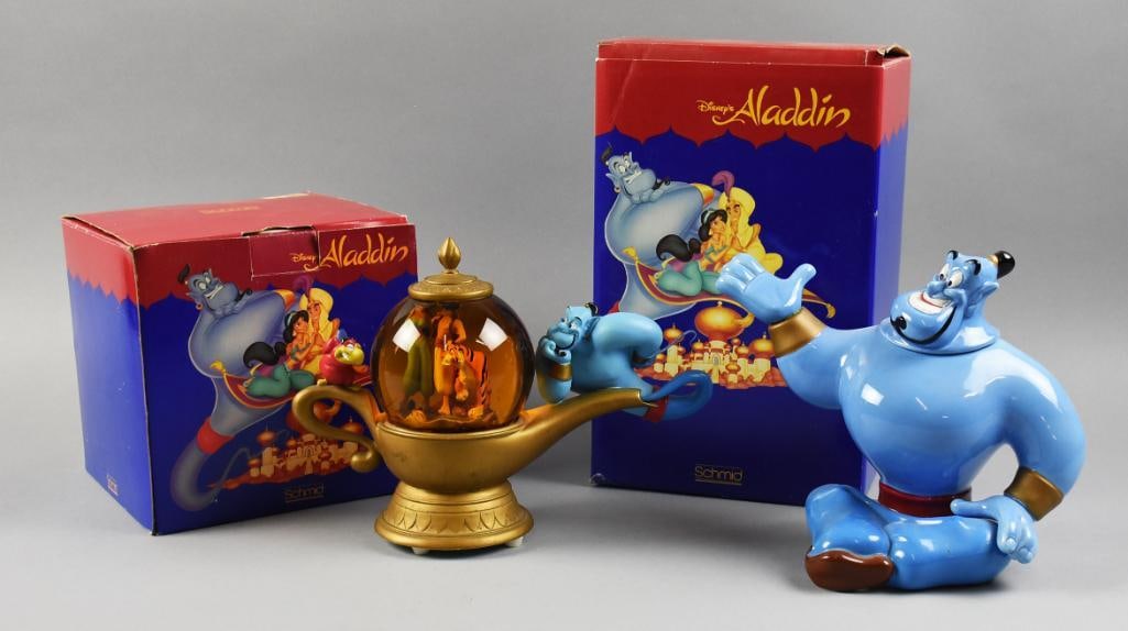 Schmid Aladdin Figural Music Boxes, Original Boxes: These are a pair of adorable music boxes by Schmidt. They are for Disney Aladdin and include a musical snow genie lamp with Genie coming out the spout and the other Genie standing next to the lamp. Bo