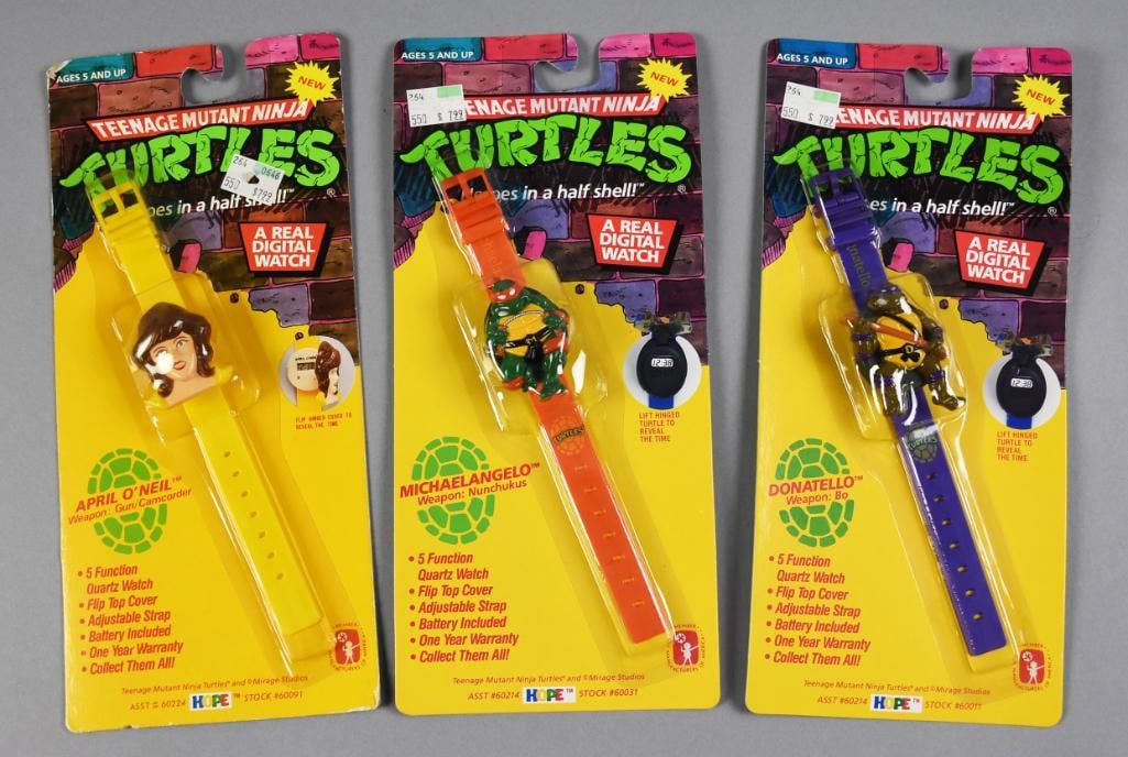 Hope Industries Teenage Mutant Ninja Turtles Watches, NOS: Watches are Donatello, April O'Neil and Michael Angelo. They are battery operated, will need new batteries. From the home of the largest toy collector on the west coast.