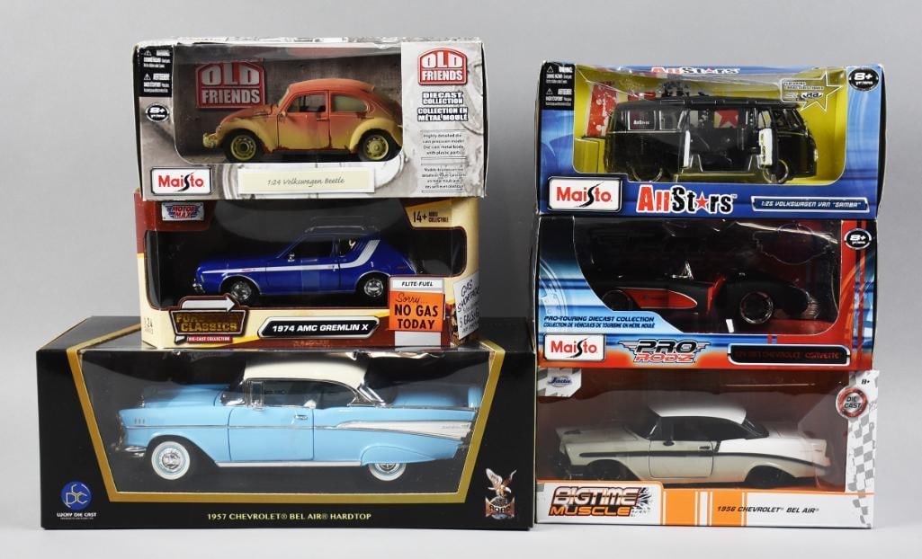 (6) 2000s Motor Max, Jada, Maisto Assorted Diecast: Includes a Road Signature 1957 Chevy Bel Air Hardtop, Jada '56 Chevy Bel Air, Motor Max 1974 AMC Gremlin X and three Maisto: Old Friends VW Beetle, Volkswagen Van Samba and 1957 Chevy Corvette