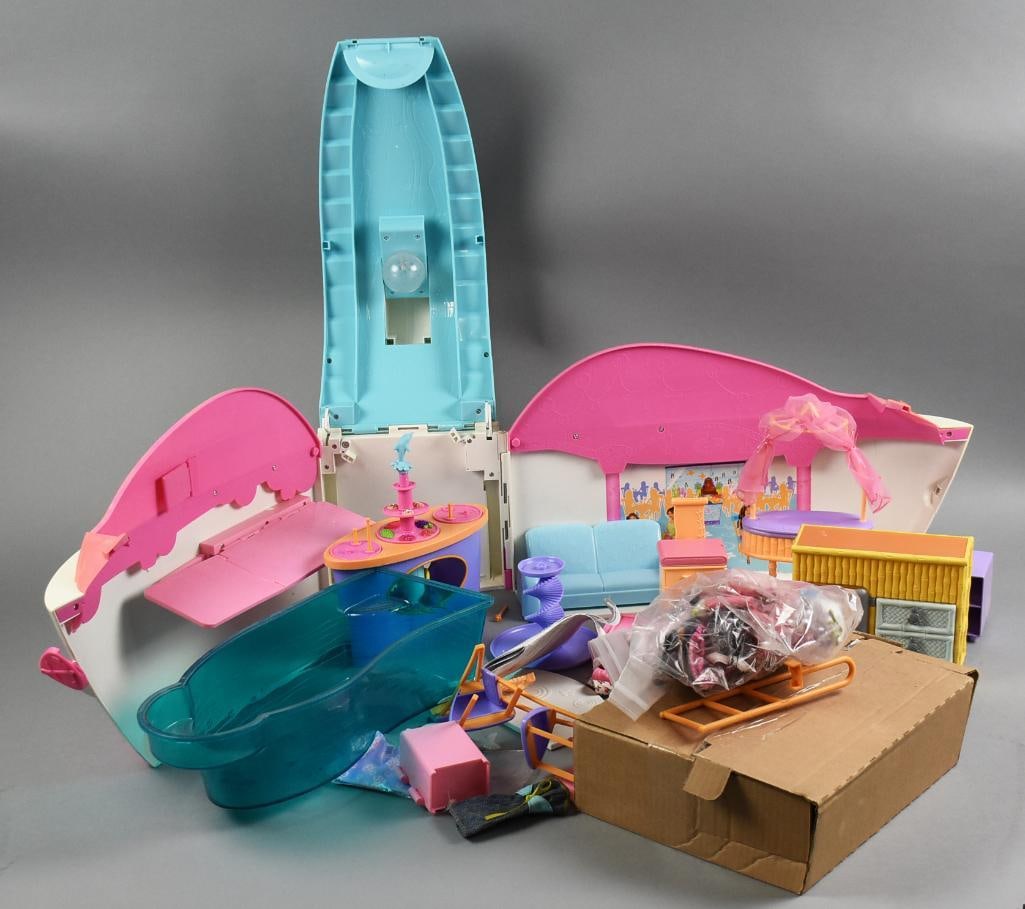 2007 Mattel Barbie Party Cruise Ship with Extras-Loose: Great assortment of Barbie goodies that includes the 2007 Party Cruise Ship. Also included are some accessories: chairs, dishes, food, clothing and more. Single owner collection from the largest toy c