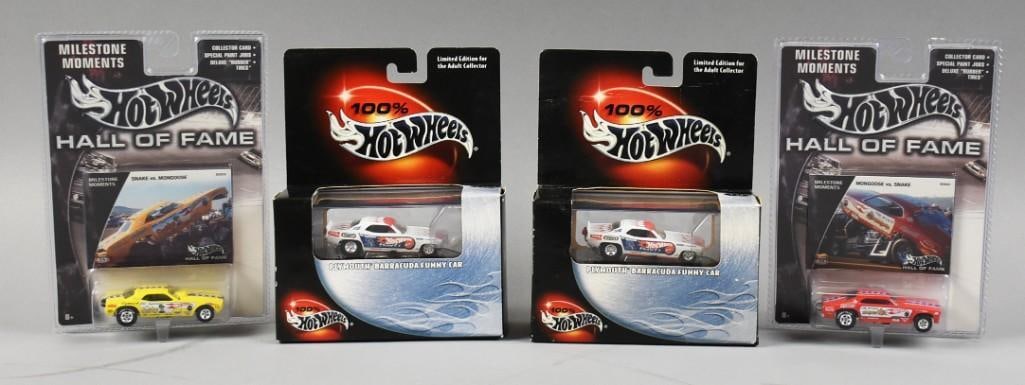 (4) 2000, 2002-03 Mattel Hot Wheels Mongoose & Snake MIP NOS: Lot is four Hot Wheels for Mongoose and Snake, two Hall of Fame and two 100% Plymouth Barracuda Funny Car - Duplicates.