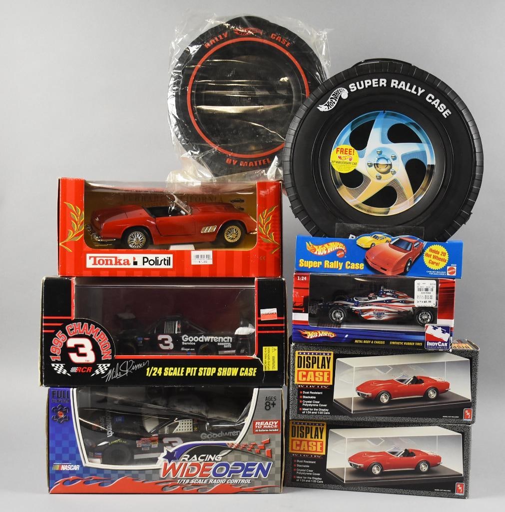 1990s, 2000s Assorted Mfg Diecast Cars & More MIP NOS: Includes two Hot Wheels Rally cases, Hot Wheels Indy Car 1:24 scale, Tonka Polistil?1:16 scale, Motorworks NASCAR RC car 1:18 scale, Racing Champions Mike Skinner 1:24 scale and two AMT Camaro 1:25
