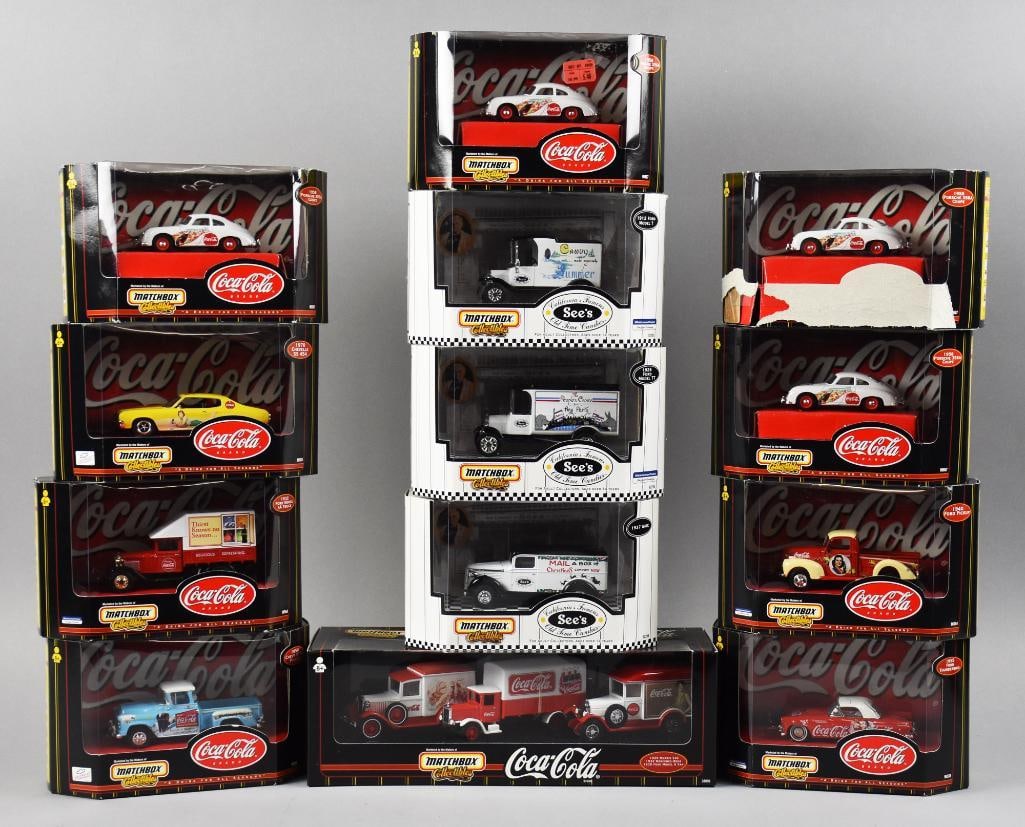 (13) 1990s Matchbox Coca Cola, Sees Die Cast MIP NOS: Lot is for 13 Matchbox Collectibles, advertising for Coca Cola and Sees Candy. Lot with duplicates. Single owner collection from the largest toy collector on the West Coast.