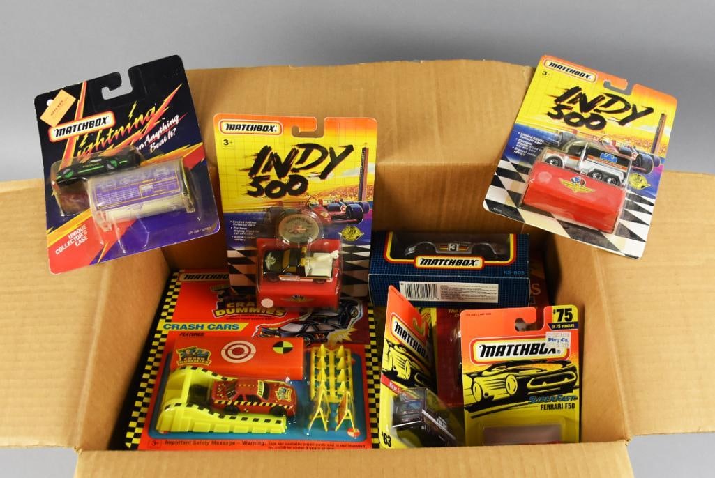 (50) 1990s Matchbox Diecast Assortment MIP NOS: This is a lot for 50 unchecked Matchbox diecast cars. Includes Crash Dummies, Indy 500 and more. Single owner collection from the largest toy collector on the West Coast.