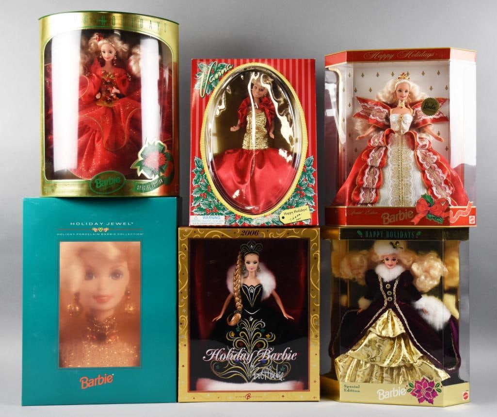 (6) 1990s Mattel Barbie Holiday, Totsy Vanna NRFB NOS: Includes a Totsy Vanna White Happy Holidays-1995, Mattel Holiday Jewel-1995, Bob Mackie-2006, Happy Holidays-1996, Happy Holidays-1997 and Happy Holidays 1993.