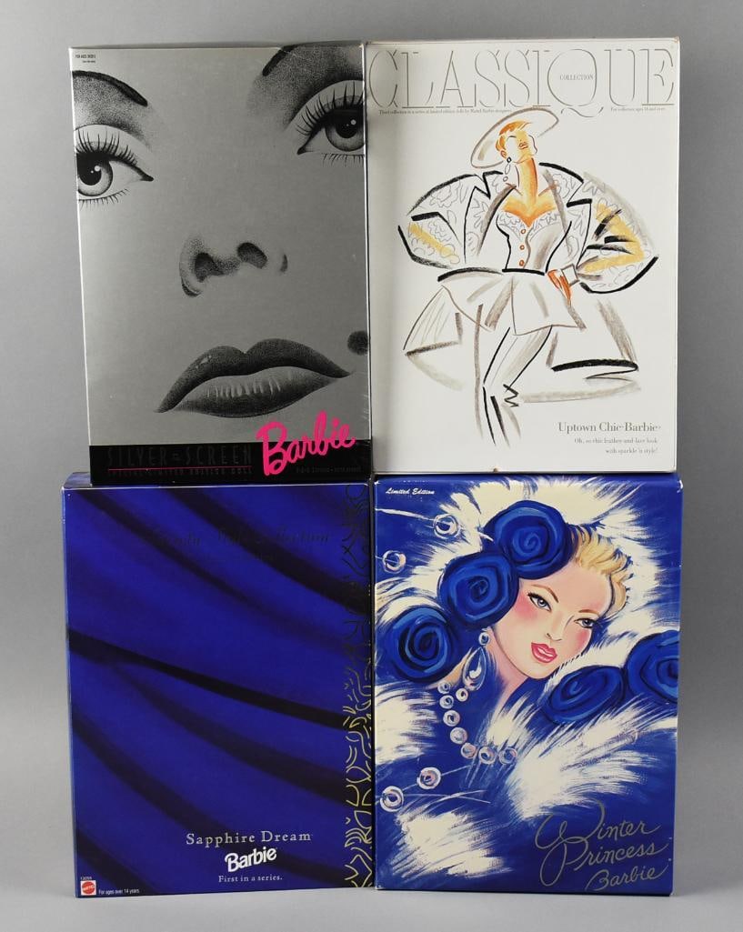 (4) 1993-1995 Mattel Barbie Collector, Limited Editions NRFB: Pretty vintage Barbies from Mattel. Includes Sapphire Dream-1995, Winter Princess-1993, Uptown Chic-1994 and Silver Screen-1993.
