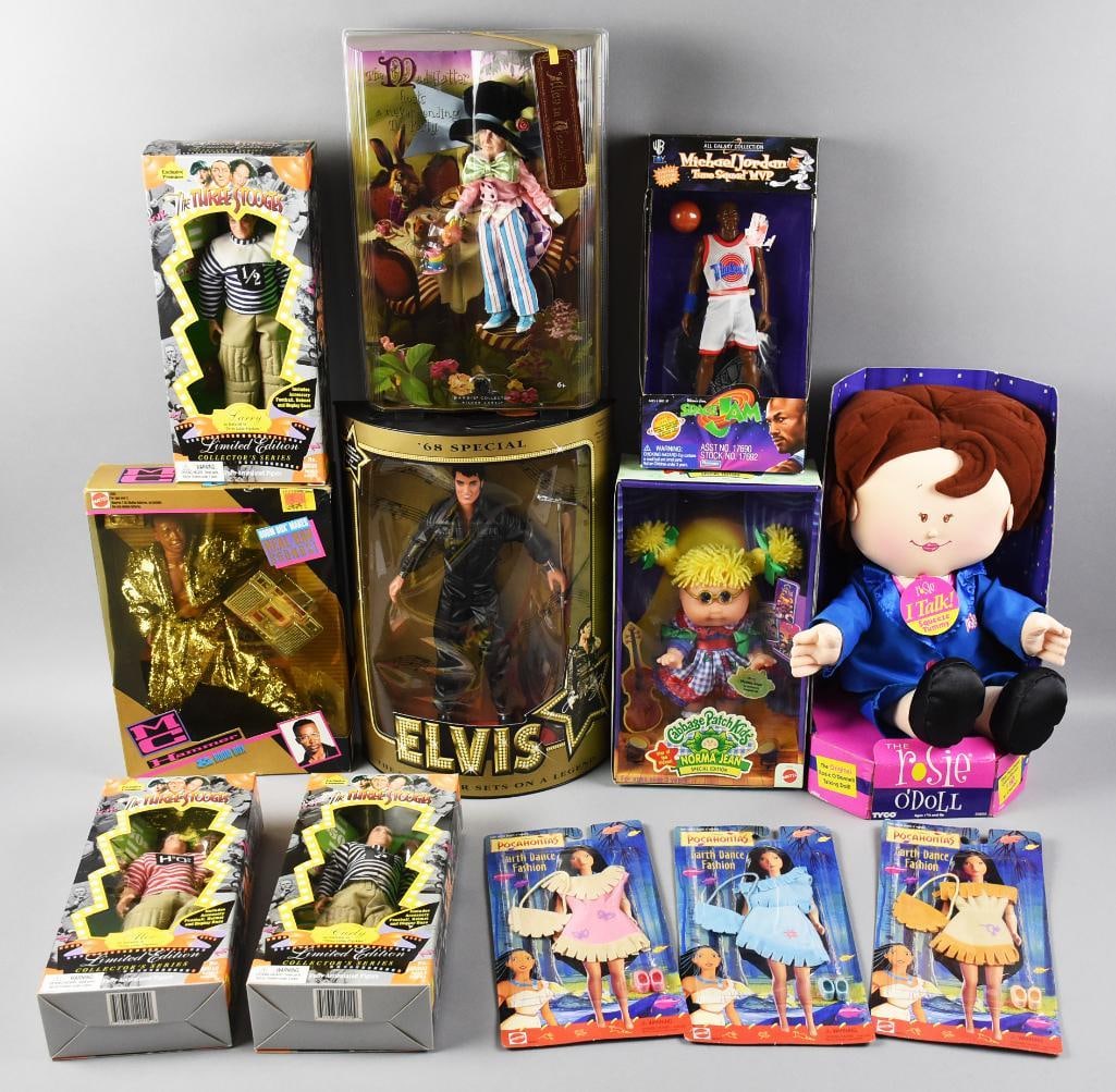 (12) 1990s-2000s Assorted Character Dolls NRFB NOS: Includes MC Hammer, Elvis, Three Stooges, Mad Hatter, Michael Jordan, Rosie O'Doll, Cabbage Patch Norma Jean and three Pocahontas dresses.