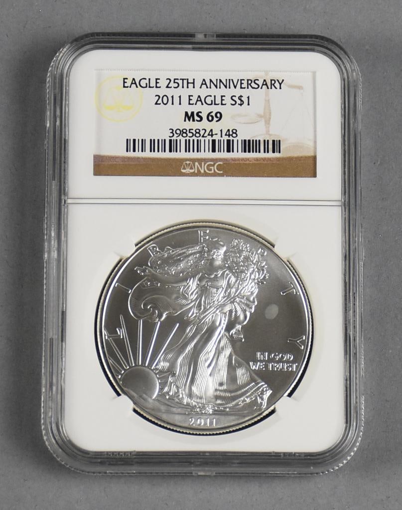 2011 Silver Eagle $1 Dollar Coin, 25th Anniversary NGC MS 69 (1 of 2)