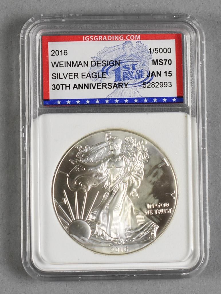 2016 ISG Grading Silver Eagle 30th Anniversary MS70: 2016 ISG Grading Silver Eagle 30th Anniversary, Weinman Design MS70
