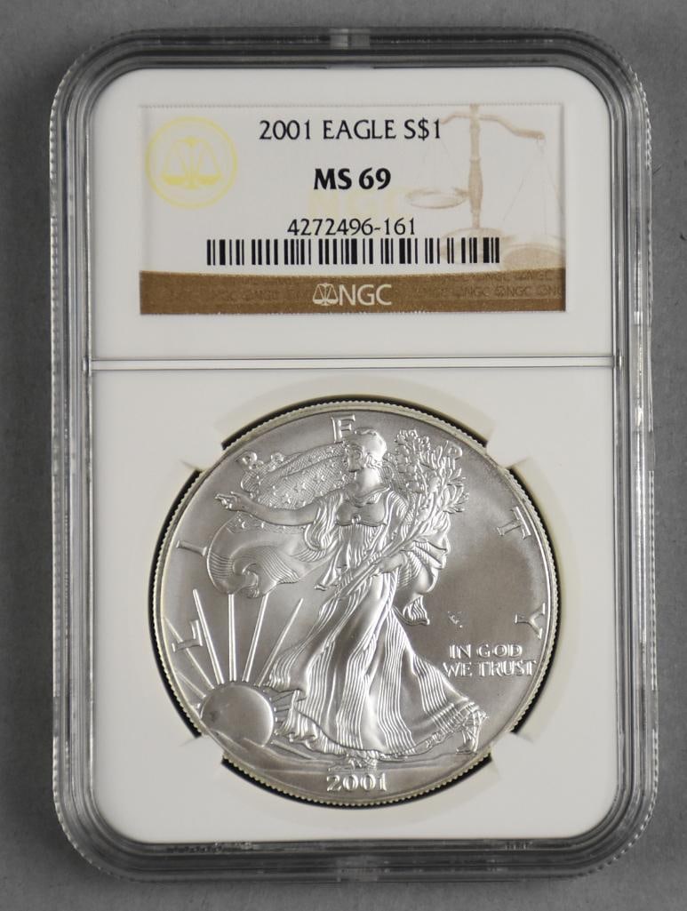 2001 American Silver Eagle $1 One Dollar Coin, NGC MS 69: NGC MS 69 American Silver Eagle, 2001.