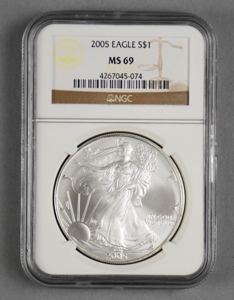 2005 American Silver Eagle $1 One Dollar Coin, NGC MS 69: NGC graded 2005 American Silver Eagle. MS 69.