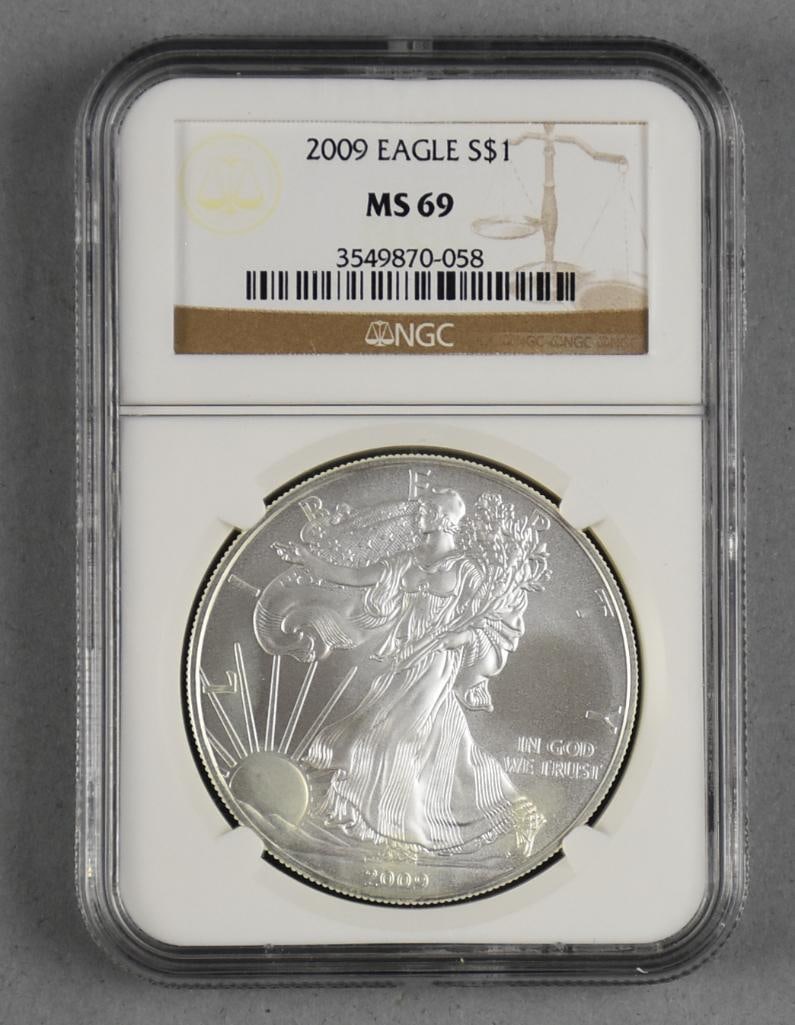 2009 American Silver Eagle $1 One Dollar Coin, NGC MS 69: 2009 American Silver Eagle, MS 69 grading from NGC.