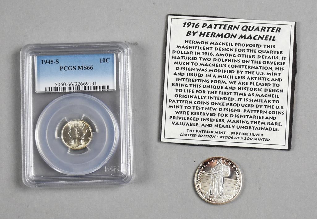 1916 Pattern Quarter, Graded MS66 1945 S Mercury Dime: Lot is for two silver coins, one a Herman MacNeil designed Pattern quarter and a 1945 S Mercury Dime.?