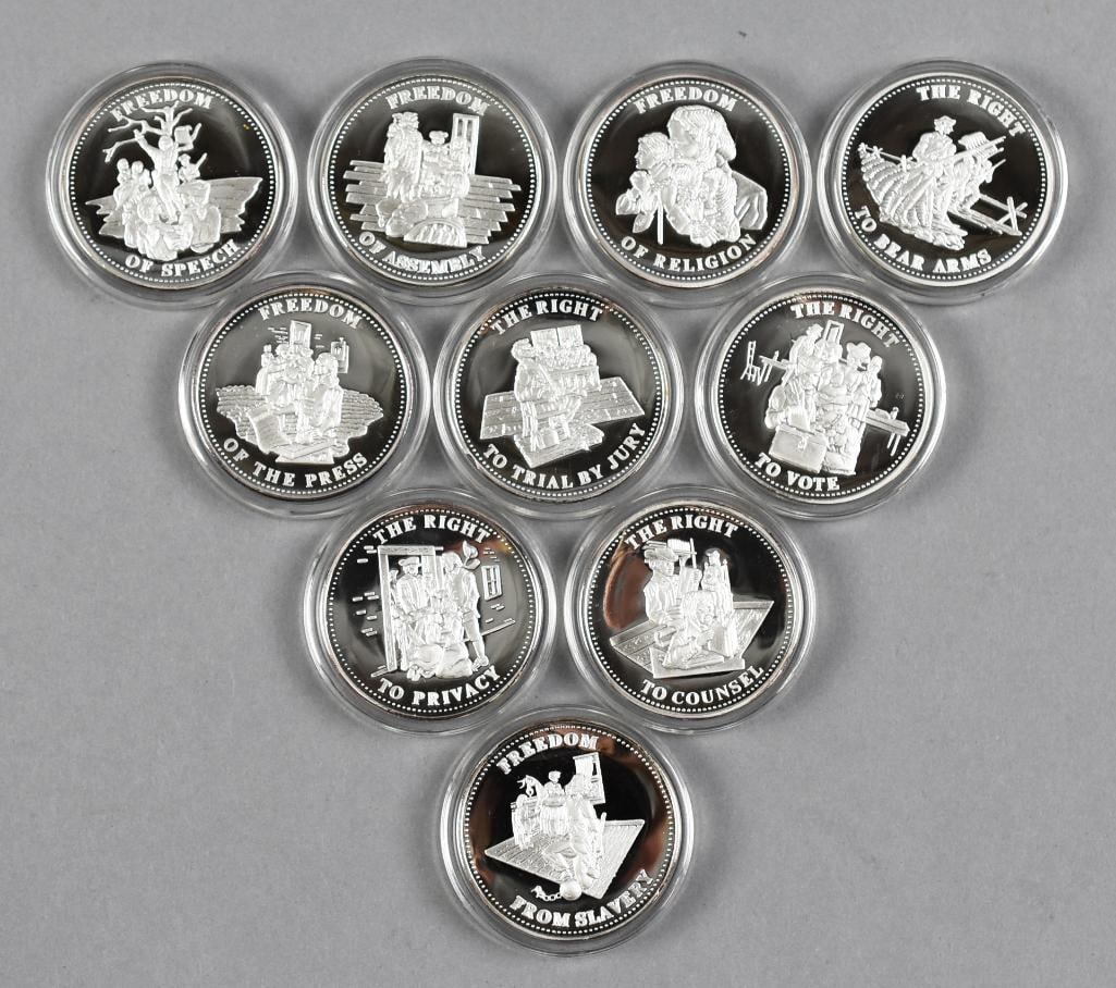 (10) 999 Fine Silver Bill of Rights, One Troy Ounce Each: Cool and complete set of coin medallions for the United States Bill of Rights. Each is 1 troy ounce for a total of 10 troy ounces.