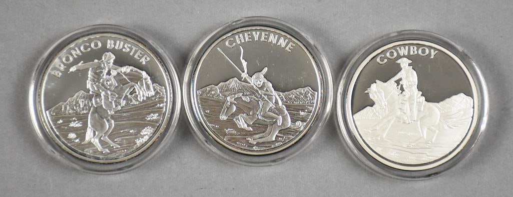 999 Fine Silver Western Themed Collectible Coins: Lot is for three 999 fine silver rounds in a western theme. Includes Cowboy, Cheyenne and Bucking Bronco.?