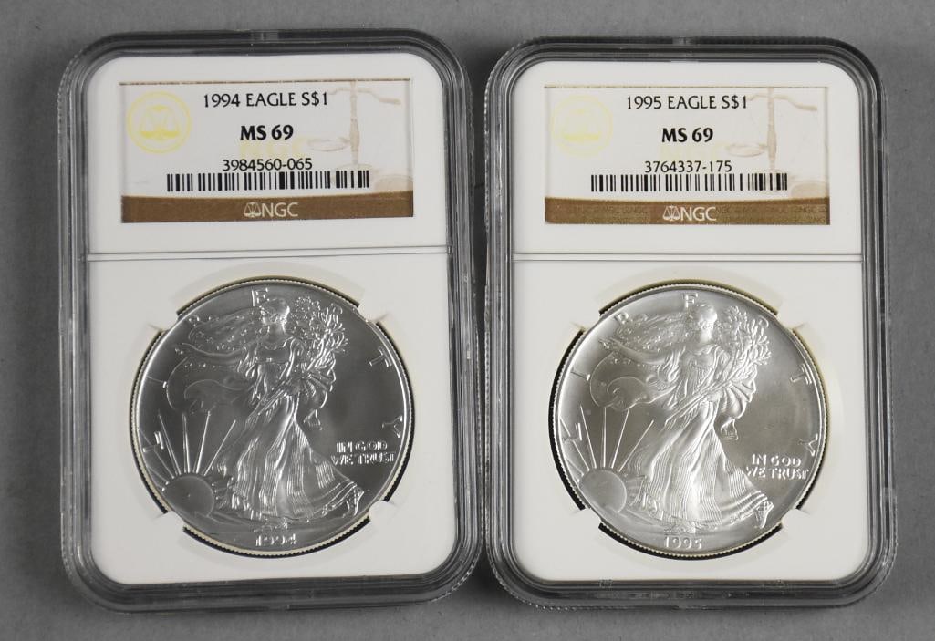 Pair 1994, 1995 American Silver Eagle - NGC Graded MS 69: 1994 and 1995 American Silver Eagle - NGC Graded MS 69