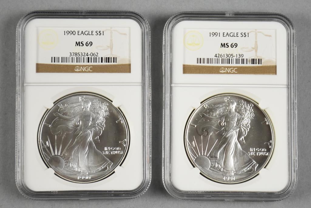 Pair 1990 and 1991 American Silver Eagle, NGC Graded MS 69: 1990 and 1991 American Silver Eagle, NGC Graded MS 69