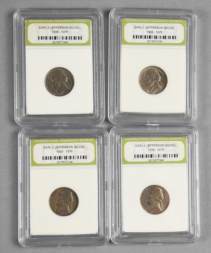 (4) INB Jefferson Nickels 1938-1976: Lot is four International Numismatic Bureau Jefferson Nickels 1938-1976. Dates are 1941, 1950, 1954 and 1959.