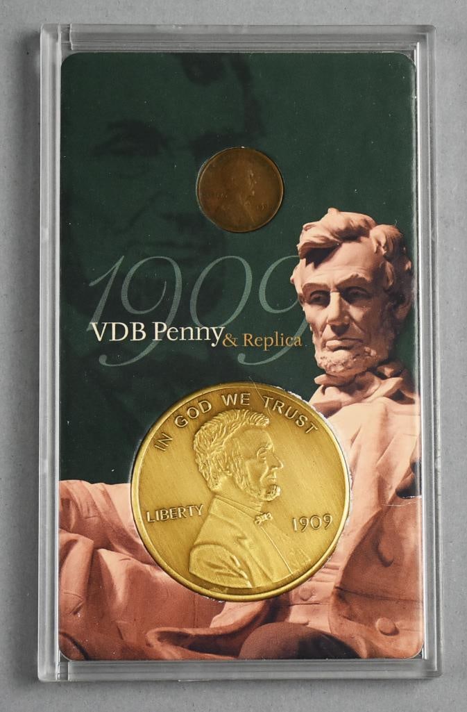 1909 VDB Lincoln Head Wheat Penny & Replica- Fine: Great antique 1909 Victor David Brenner Lincoln wheat penny and a large 1909 replica.?