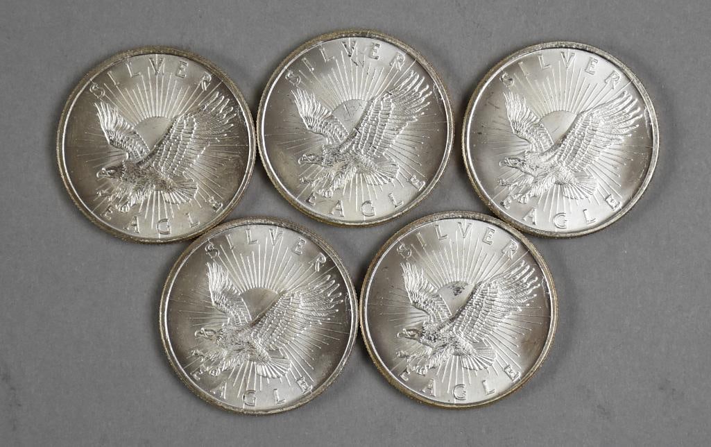 (5) Fine Silver Eagle Coins 5 oz T .999: Total of five 999 fine silver eagles from Sunshine Minting. Each is one troy ounce for a total of five troy ounces.