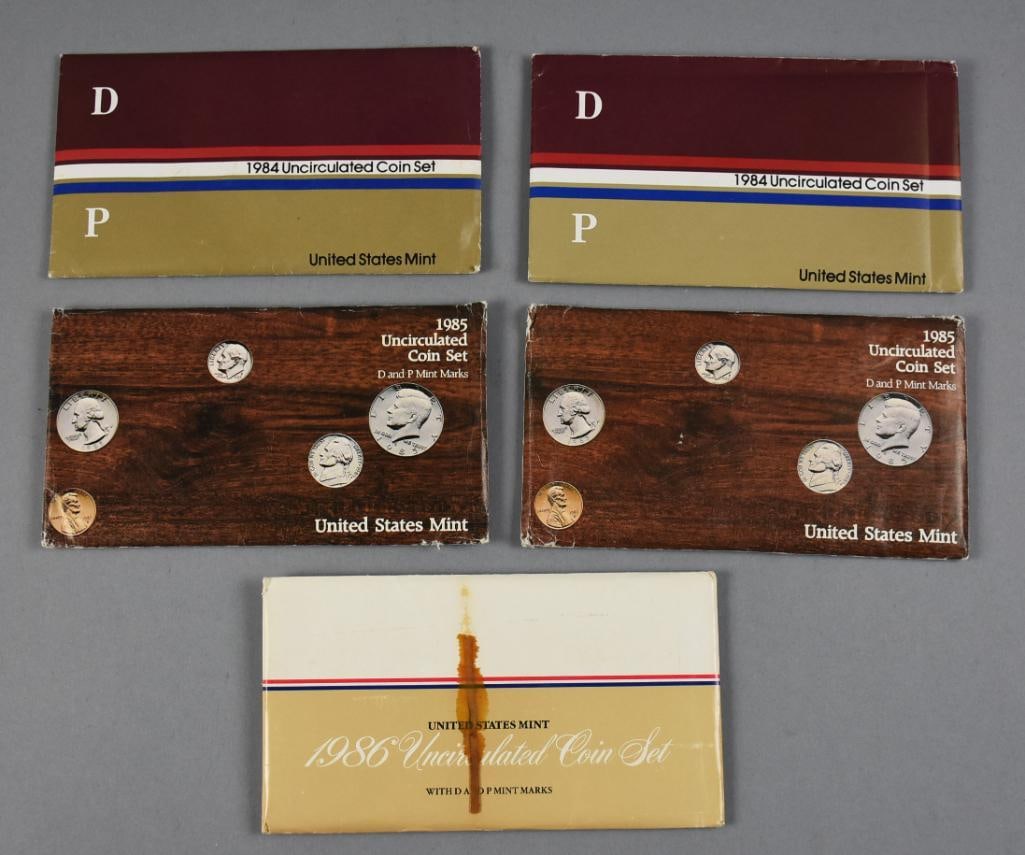 1984-86 US Mint Uncirculated Coin Sets, Denver, Philadelphia: Lot is two each 1984 and 1985 and one 1986. Each set with D and P, five coins each, 10 coins per pack.