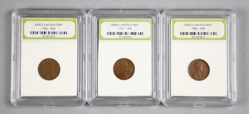INB 1935, 1939 Early Lincoln Cent 1930-39: Lot is three pennies, two dated 1935 and one from 1935 from the International Numismatic Bureau.
