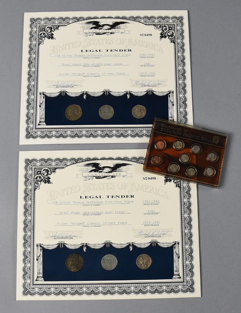 Vintage Assorted Coin Collections with COAs: Lot is for two United States of America Legal Tender coin collections. Each with Jefferson nickels, steel pennies and Mercury dimes. Both come with COAs. Includes a Security Pacific Bank coin collecti