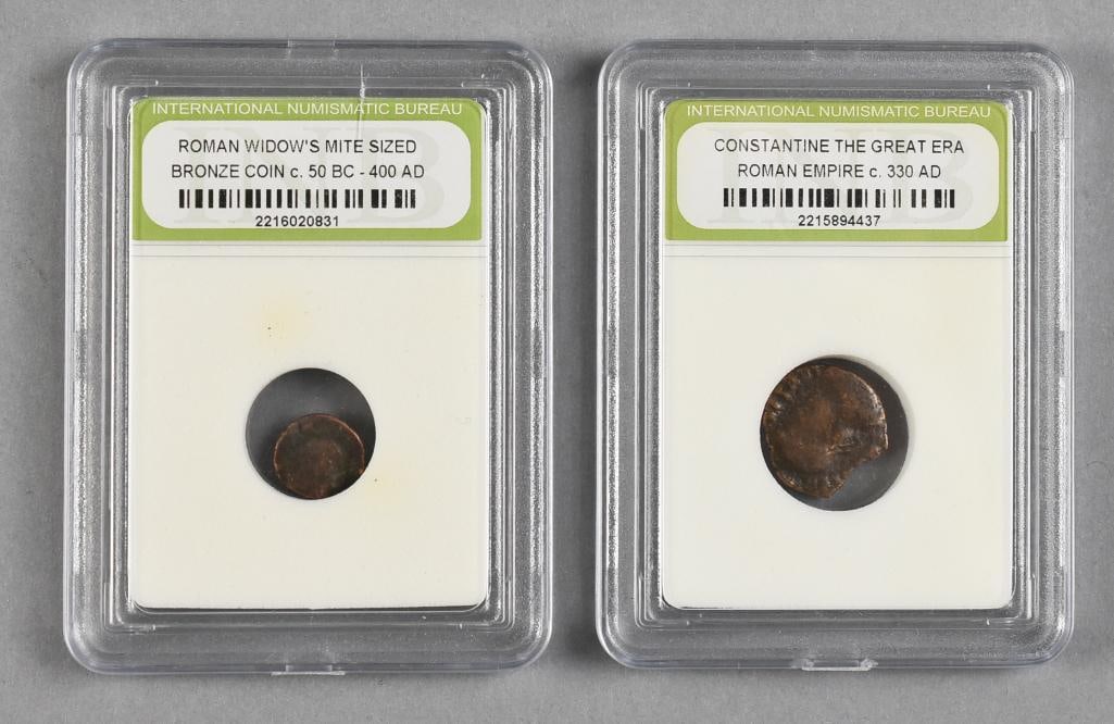 INB Ancient Roman Bronze Coins: Cool pieces of ancient history in this pair of coins from International Numismatic Bureau. They are identified as a c. 50 BC - 400 AD Roman Widow's Mite and a c. 330 AD Constantine the Great Era