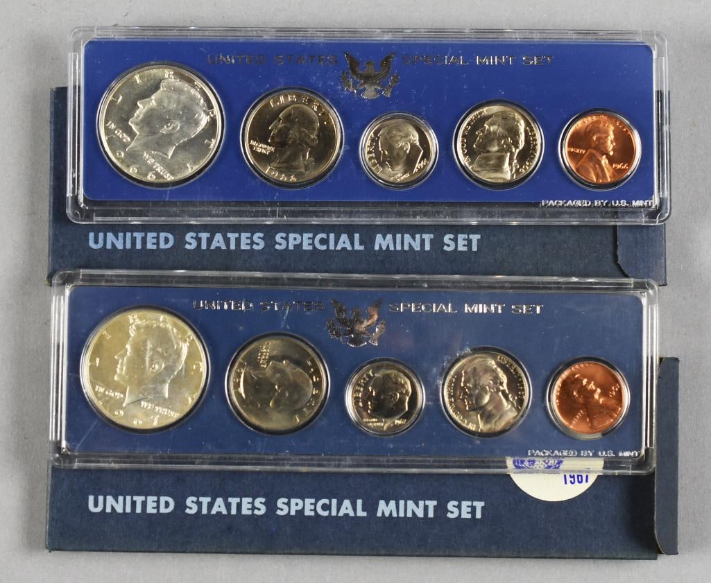 1966-67 United States Special Mint Sets, Uncirculated: Lot is two United States Special Mint sets, one 1966 and one 1967. Each contains one US coin.